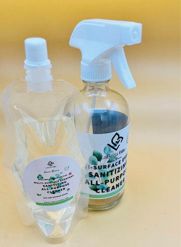 LaBella Vibes Multi-Surface Sanitizing Cleaner Refill showing with bottle of natural cleaner 